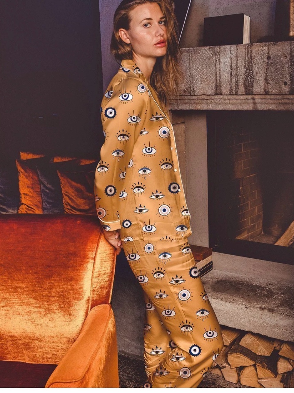 Mustard Eye Print Satin Pajama Set